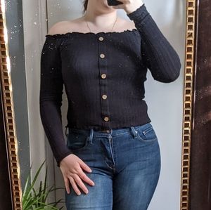 Black Rue21 ribbed lettuce trim button up